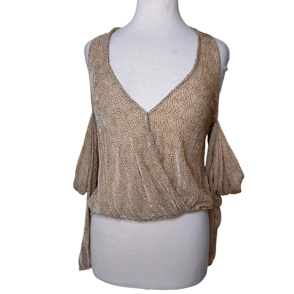 MICHELLE MASON Animal Print Velvet Burnout Cold Shoulder Blouse Beige Size 4